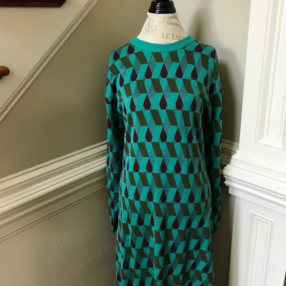 NWT La DoubleJ Diamonds Jacquard Knit Maxi Dress Womens Large Green Crew Neck - Picture 8 of 13